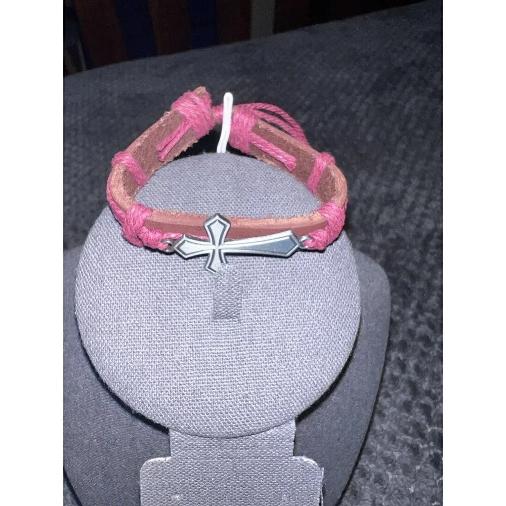Christian Cuff Bracelet ANTIQUE SILVER CROSS Leather Adjustable Strap Set
